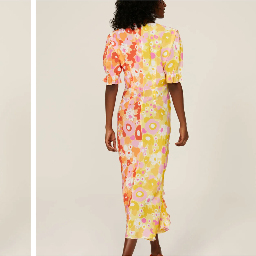 Rixo Whimsical Floral Colorblock Maxi Dress SMALL Ruched Orange Party Fun $420 - Picture 3 of 16